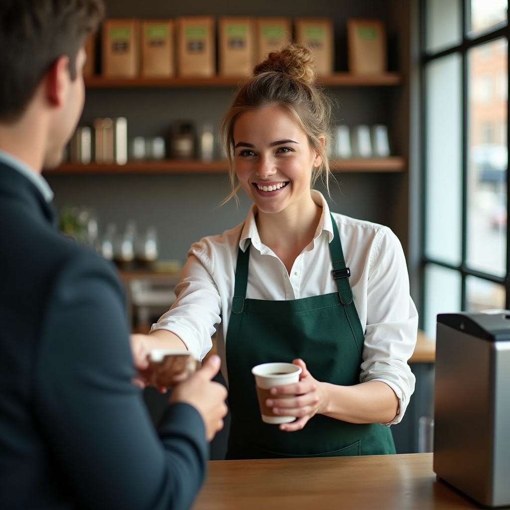 Barista tânără servind cu zâmbet un client la tejgheaua cafenelei