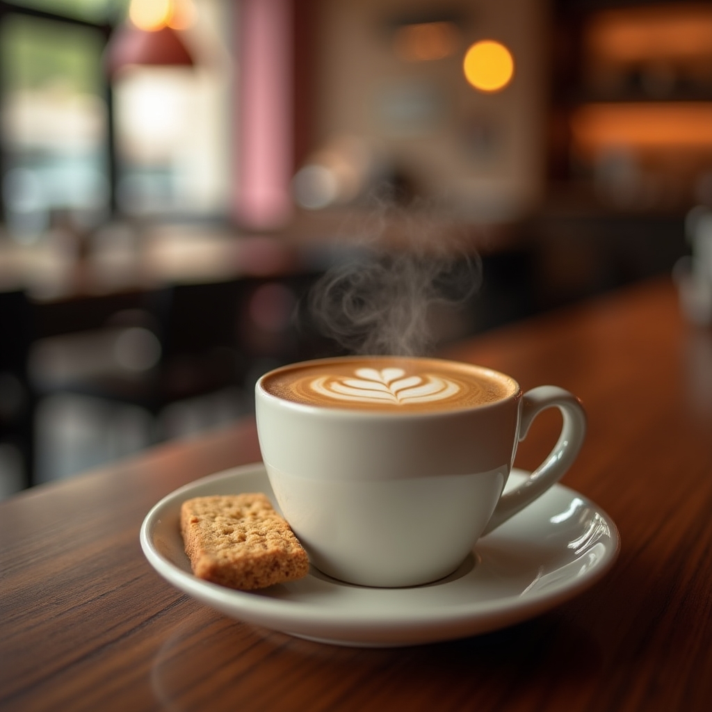 Prezentare artistică a unui espresso cu latte art pe tejghea de cafenea
