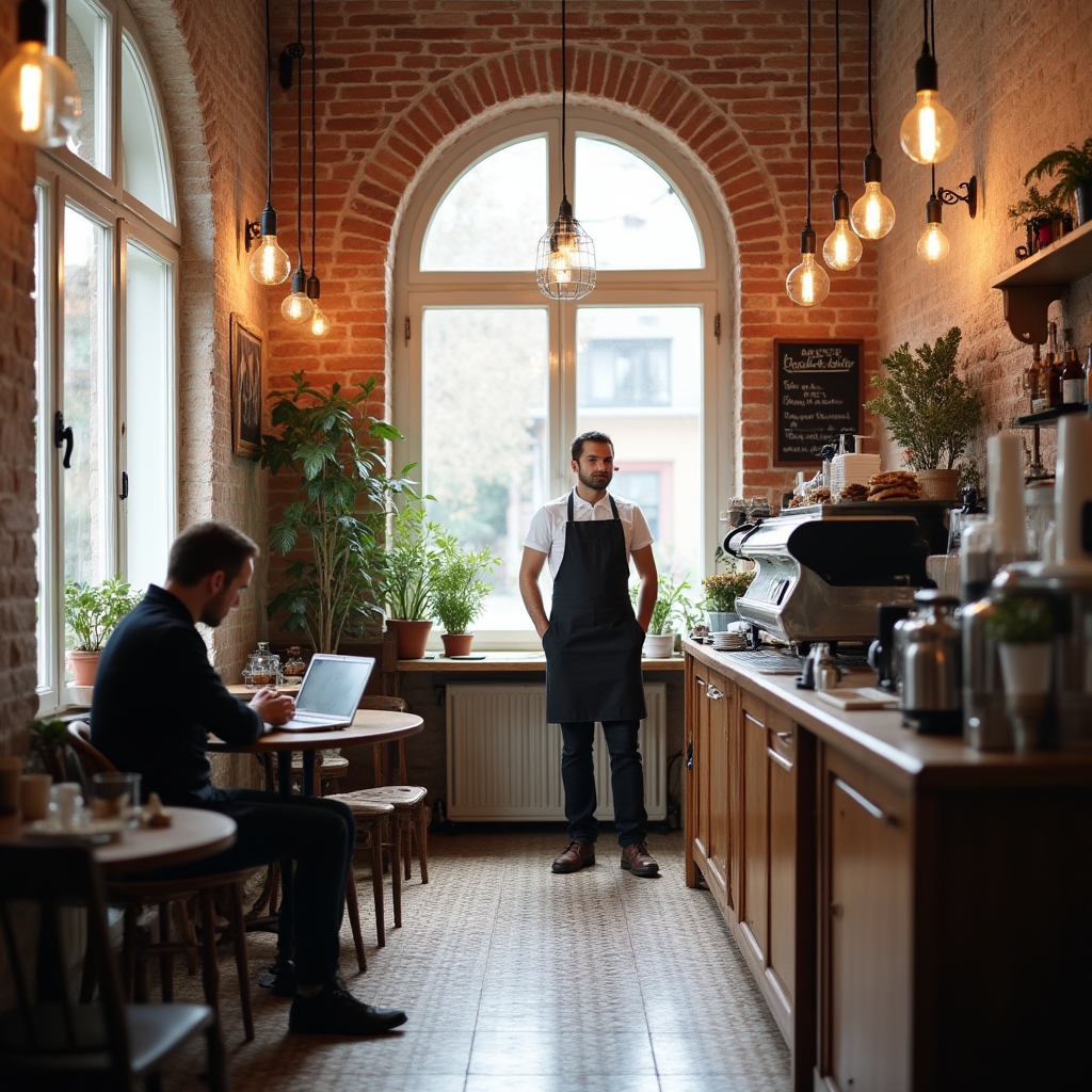 Interior cafenea mică din România cu atmosferă caldă și intimă